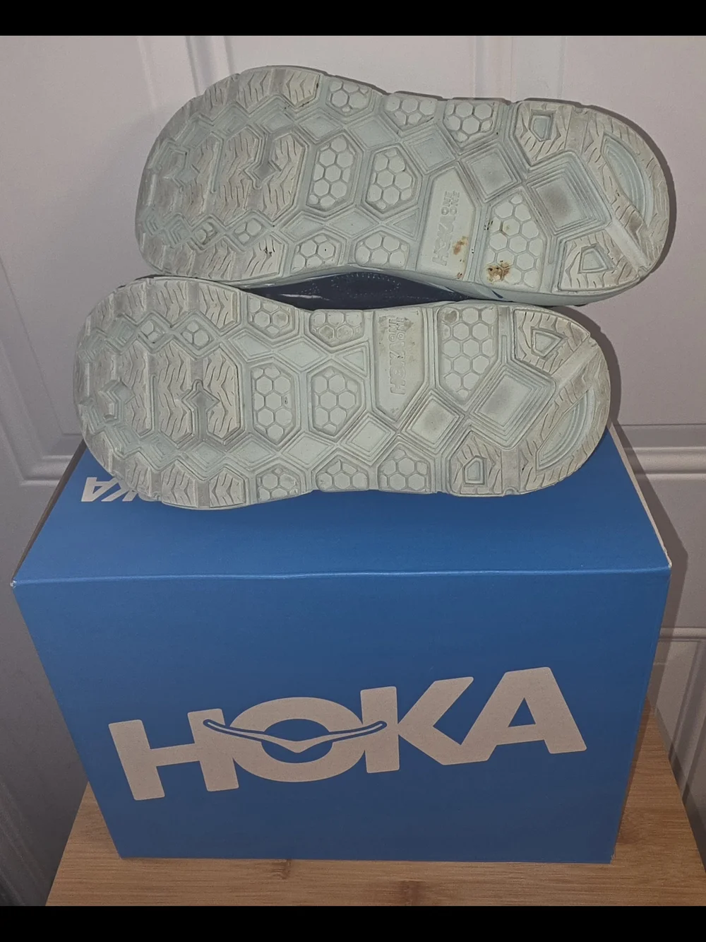 HOKA U Clifton L in a Suede Navy Leather and Mint Lightweight Running Shoes